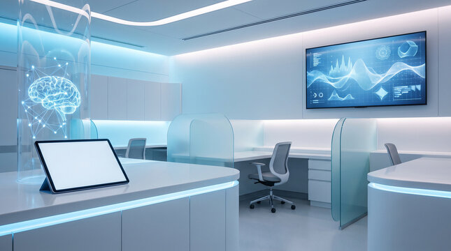 Futuristic Neural Interface Lab: A sleek, modern laboratory featuring glowing blue accents, advanced technology displays showing brainwaves and data.