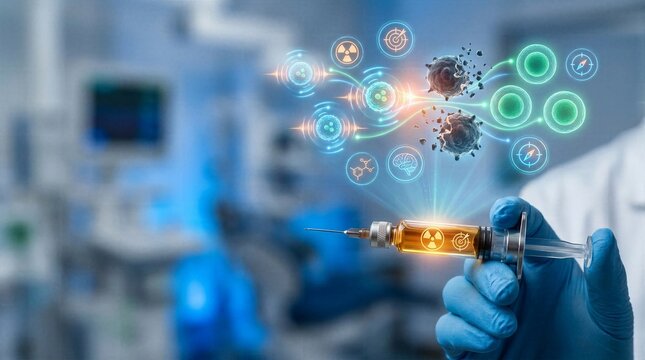 Futuristic targeted radiotherapy with scientist holding syringe projecting holographic cancer cell destruction and radioactive isotope delivery