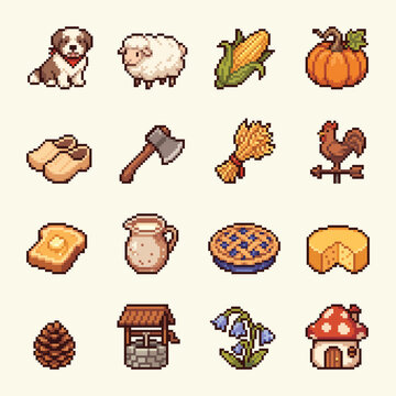 A pixel art featuring dog, sheep, corn, pumpkin, and various farm related items evokes nostalgic