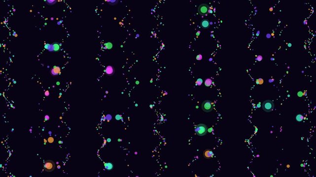 Glowing colorful particles wave across dark space in rhythmic vertical columns in a vibrant 3D animation for modern tech backgrounds and creative video overlays