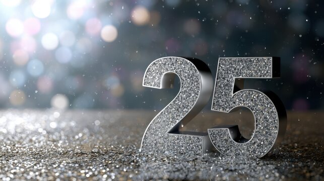 Sparkling silver number 25 standing on glitter surface with bokeh background celebrating milestone and festive anniversary event concept