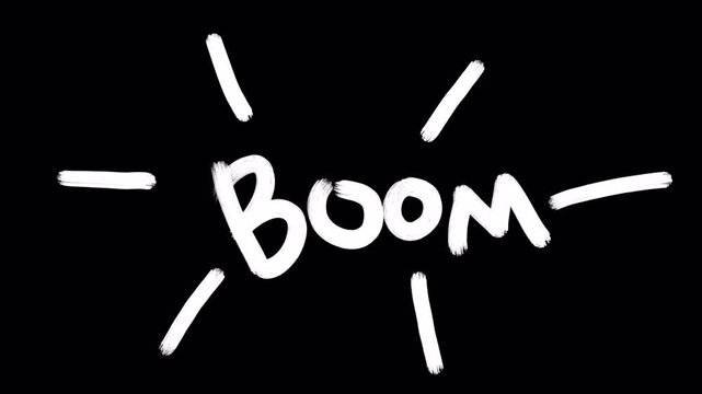 Hand-drawn BOOM comic text animation with scribble doodle effect and action lines for pop art motion Video 4K