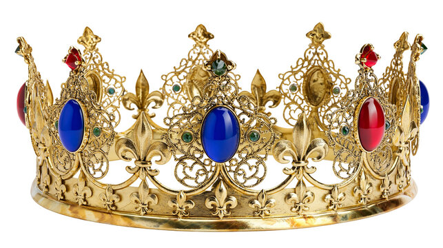 Ornate golden royal crown with blue red and green gemstones, isolated on transparent background