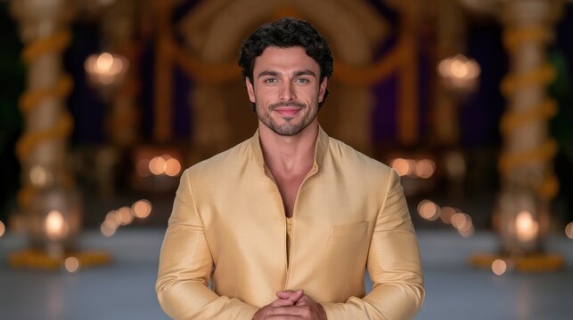 Man in Yellow Jacket Standing in Front of Decorated Stage at Festive Event