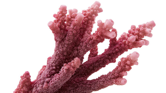 Branching pink stony coral fragment with textured surface, isolated on transparent background