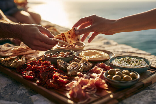 Marinated artichoke hearts, sun-dried tomatoes, prosciutto slices, stuffed olives, and bowls of creamy hummus and tzatziki.
