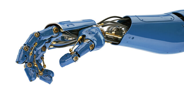 Advanced blue robotic hand with exposed internal mechanics, isolated on transparent background