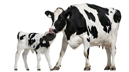Mother cow licking calf s face black and white Holstein Friesian animals, isolated on transparent background © iPNGi