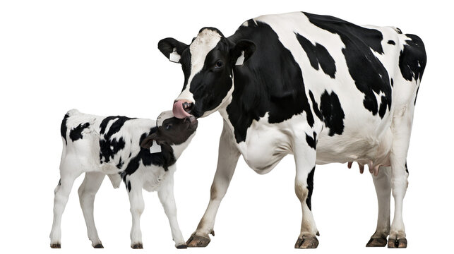 Mother cow licking calf s face black and white Holstein Friesian animals, isolated on transparent background