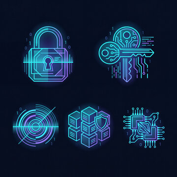 Digital Encryption and Secure Access Neon Cybersecurity Icon Set