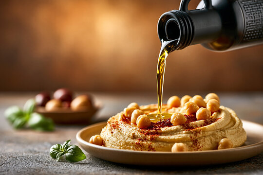 A dark glass bottle pouring a stream of golden-green extra virgin olive oil over a plate of homemade hummus garnished with chickpeas and paprika.