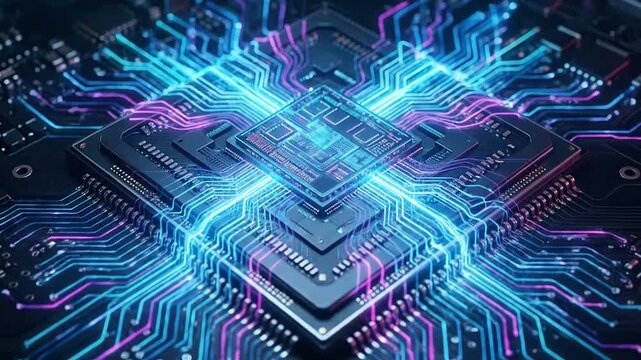 Futuristic digital circuitry with glowing neon pathways and microchip patterns