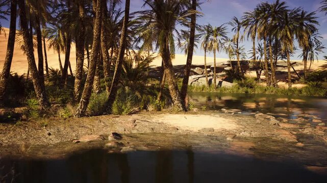 A serene oasis is nestled among palm trees, with clear water reflecting the bright sky. The backdrop features rolling sand dunes, creating a peaceful desert landscape.