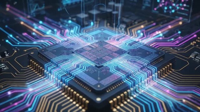 Futuristic Digital Circuitry with Neon Light Effects on Microchips for Technology Innovation