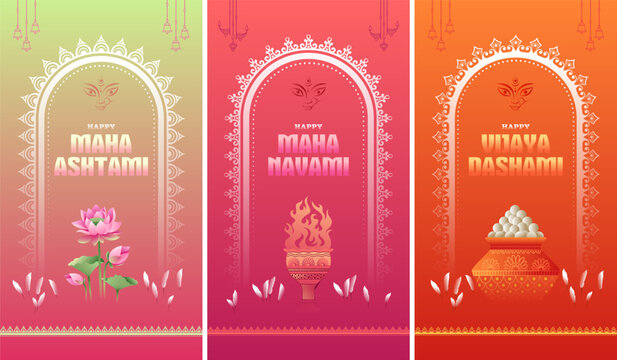 set of indian traditional durga puja festival story post template ashtami, navami, dashami