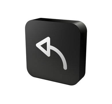 3D black app icon button with white curved back arrow, undo reply symbol isolated on white background