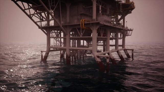 A large oil rig stands prominently over the ocean, supported by steel pillars. The water reflects light as fog envelops the area, creating a serene atmosphere around the industrial site.