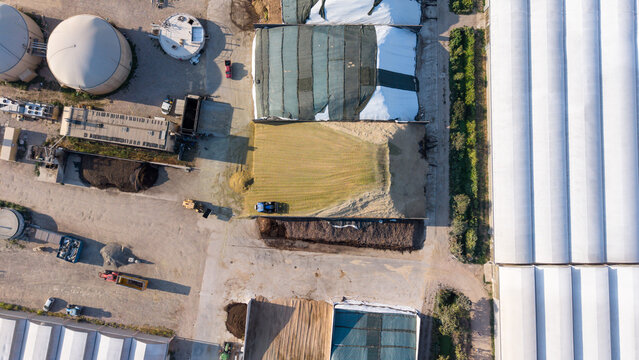 Aerial view of farmers and tractors preparing freshly harvested corn for silage storage at a cattle farm in San Giuliano Milanese, Lombardy, Italy.