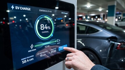 Obraz premium Hand Touching Interactive Screen Display on Electric Vehicle Charging Station at Night
