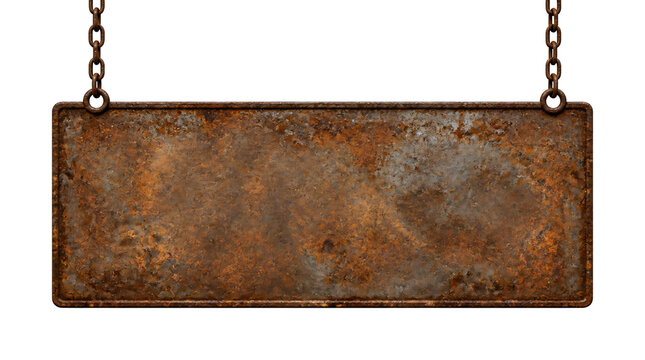 Rusty metal sign hanging on chains isolated on transparent background