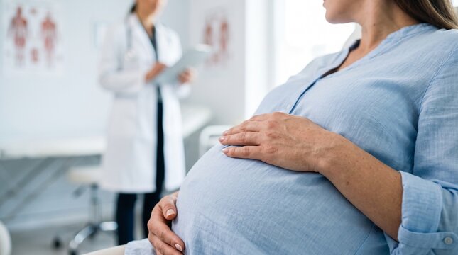 Expectant mother at a medical checkup with doctor, representing prenatal care, maternal health, pregnancy monitoring, and support