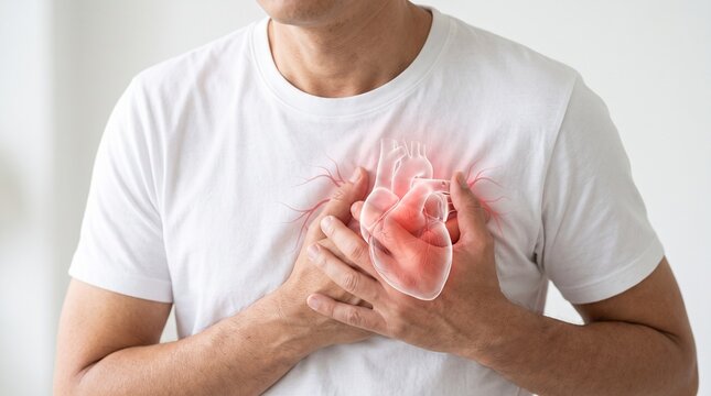 Adult man pressing chest with glowing heart graphic, symbolizing cardiac symptoms, heart health, pain, and medical attention