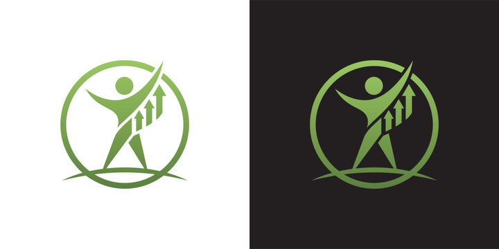 Green Human Health and Business Growth Success Logo Concept Featuring Rising Arrows Inside a Circle Frame
