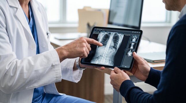 Physician reviewing lung X-ray images with a patient, representing radiology, diagnosis, treatment planning, and professional healthcare
