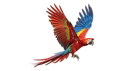 Beautiful bright colorful macaw parrot flying with wings spread isolated on transparent background © Griffin