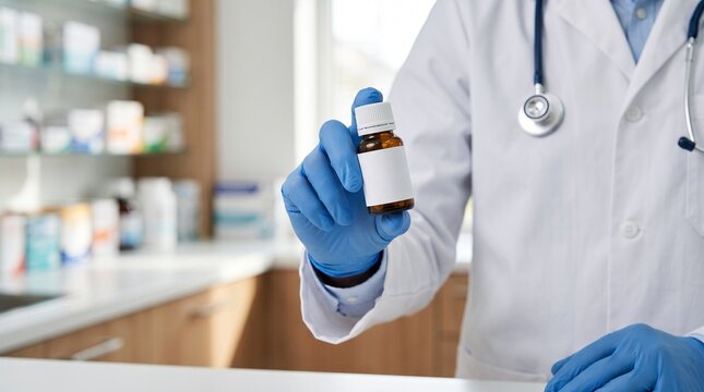 Medical staff displaying a prescription container, symbolizing professional care, drug safety, treatment, and modern healthcare
