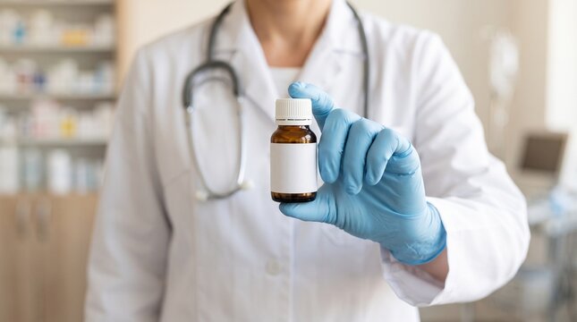 Physician presenting a pharmaceutical bottle in clinic, symbolizing medicine, healthcare, therapy, trust, and patient protection