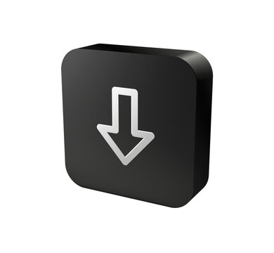 3D dark rounded square button with downward arrow symbol for navigation UI
