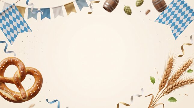 Oktoberfest Background with Pretzel Wheat and Bavarian Bunting