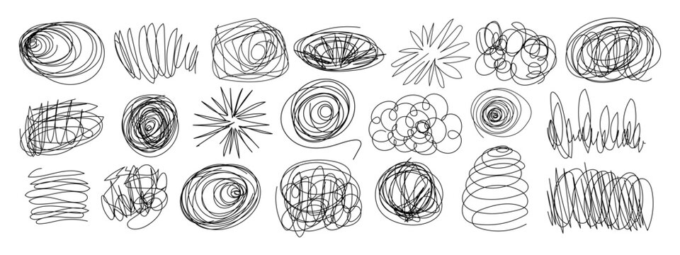 Pen doodles and scribbles form chaotic handwritten textures vector illustration set. Messy sketch lines, pencil marks, and tangled circles create abstract notebook patterns with organic pen strokes.