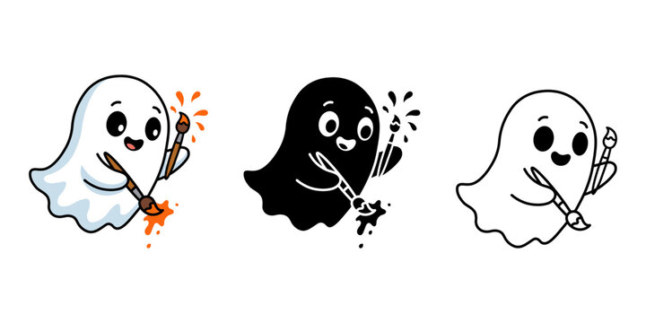 Cute ghost character holding paintbrushes and painting, set of three different styles including color, silhouette, and line art vector illustration