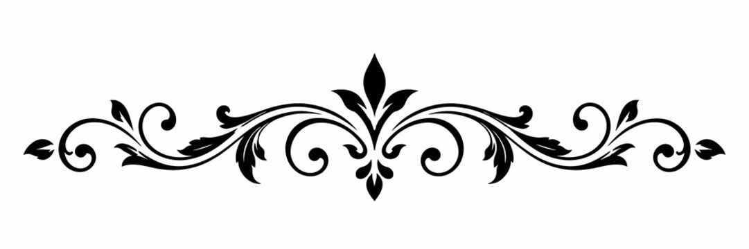 Delicate Black Calligraphic Floral Flourish Ornament with Curved Leaves and Decorative Swirls