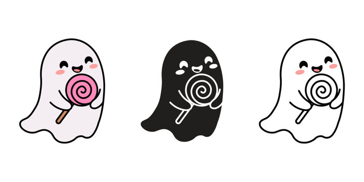 Set of cute cartoon ghosts holding lollipops, funny halloween characters for kids, vector illustration