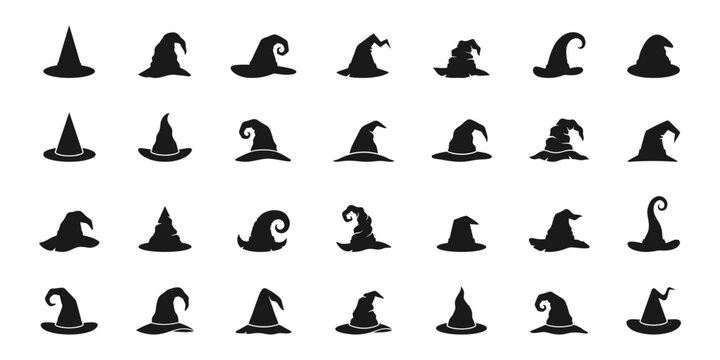 Set of black witch hats silhouettes for halloween, collection of various wizard and sorcerer headwear icons