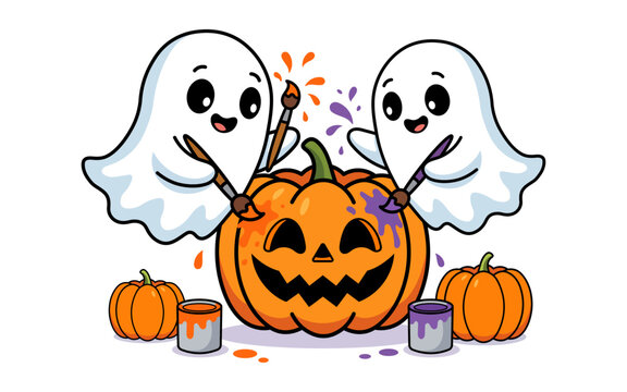 Cute cartoon ghosts painting a jackolantern pumpkin for halloween celebration