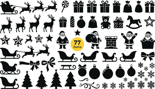 77 Christmas Silhouette Vector Elements Set Featuring Santa Claus Reindeer Sleighs Gifts Trees Snowflakes and Ornaments for Holiday Card Design and Festive Winter Crafts Projects
