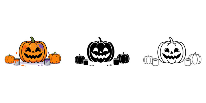 Set of three halloween pumpkin illustrations with paint cans, including colored, silhouette, and line art versions