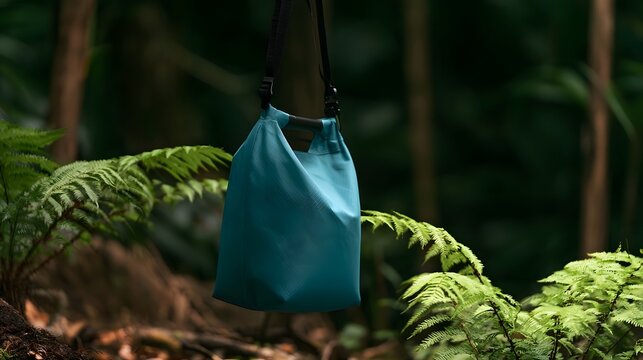 A teal colored water resistant bag hangs suspended in a lush green forest with ferns and tree trunks in soft focus background