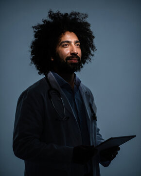 A doctor with a full afro, wearing a stethoscope, holds a tablet and looks into the distance with a thoughtful expression.