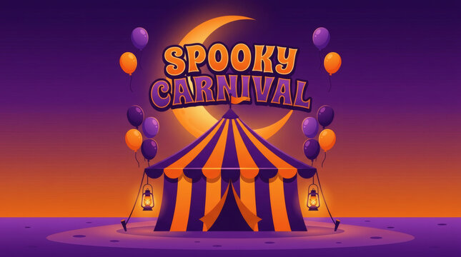 Spooky carnival digital art with large crescent moon and glowing circus tent in twilight landscape for mysterious holiday entertainment.