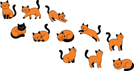 Fototapeta premium Cute Orange and Black Cartoon Cats Collection in Different Poses