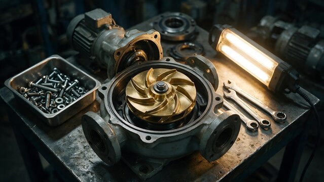 Disassembled golden industrial pump impeller sits on a metal workbench illuminated by portable work light alongside various steel bolts and wrenches for mechanical repair maintenance