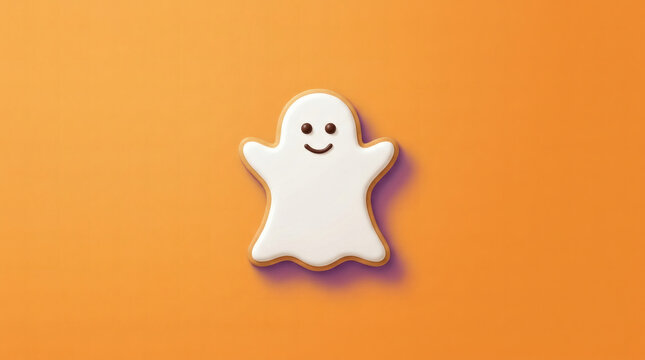 Cute ghost shaped cookie with white icing and smiley face on an orange background, fun Halloween treat for parties and seasonal decorations.