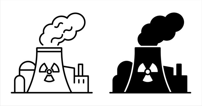 Nuclear power plant with cooling tower radioactive symbol in outline solid styles
