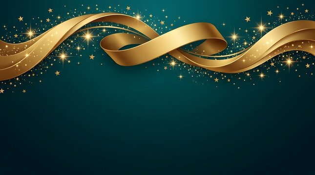 Elegant golden ribbon with sparkling stars on green background