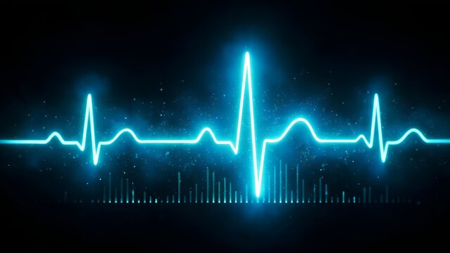 Glowing neon blue heart rate rhythm line flickering brightly across a dark abstract digital background representing medical health monitoring technology concept with vibrant light particles